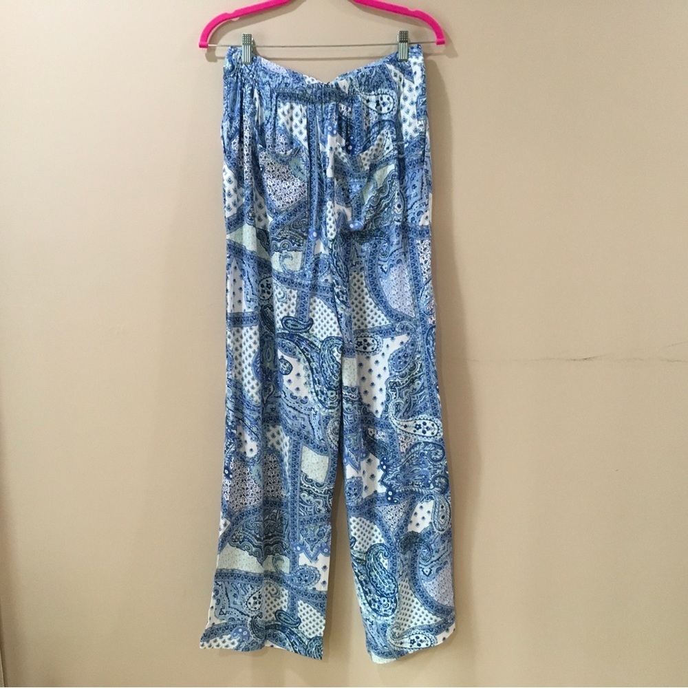 ZARA Paisley Printed Wide Leg Pants Rustic Blue White Boho SIZE M - Picture 4 of 7